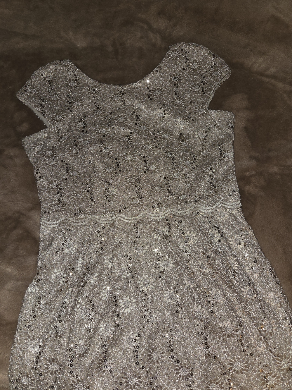 Alex Evenings biege lace & sequin floor length column gown/slit up the back